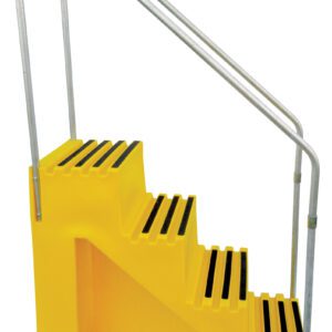 The Vestil Polyethylene Step Stool Yellow 4 Step features a vibrant yellow design with black treads and sturdy metal handrails. Its compact, durable build is perfect for industrial or commercial use, providing both safety and convenience.