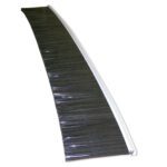 Meet the Vestil Brush Sweeper - Brush Kit - 48 In, a curved black bristle strip with metallic holder for sealing or cleaning. Elegantly diagonal on a white backdrop, its design mimics a brush or sweep component.