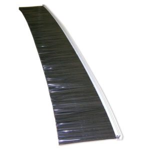 Meet the Vestil Brush Sweeper - Brush Kit - 48 In, a curved black bristle strip with metallic holder for sealing or cleaning. Elegantly diagonal on a white backdrop, its design mimics a brush or sweep component.