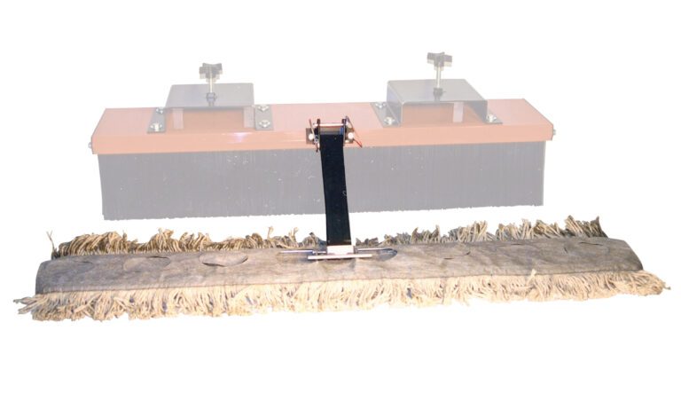 VSWP-60-DM_A.jpg The Vestil Brush Sweeper - Dust Mop Kit is an industrial cleaner with a large rectangular brush and a wide flat mop head with fringe. The mop head is securely attached to a black metallic connector.