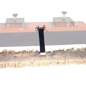 The Vestil Brush Sweeper - Dust Mop Kit is an industrial cleaner with a large rectangular brush and a wide flat mop head with fringe. The mop head is securely attached to a black metallic connector.