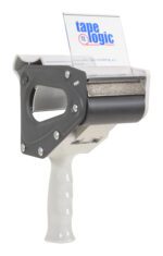 The Vestil Tape Dispenser 3 In has a sleek white handle and sturdy black frame. It securely holds tape logic rolls with a caution note about the sharp blade for efficient use.