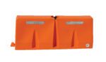 The Vestil Traffic Barriers 5 Ft Wide Orange Strip boasts a vibrant orange design with two top reflective strips, a central groove, and a round feature on the bottom right corner for enhanced visibility and functionality.