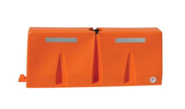 The Vestil Traffic Barriers 5 Ft Wide Orange Strip boasts a vibrant orange design with two top reflective strips, a central groove, and a round feature on the bottom right corner for enhanced visibility and functionality.