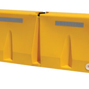 The Vestil Traffic Barriers 5 Ft Wide Yellow Strip feature a vivid yellow strip, two rectangular reflective panels on top, a central joining point, and a small circular hole in the bottom corner for convenience.