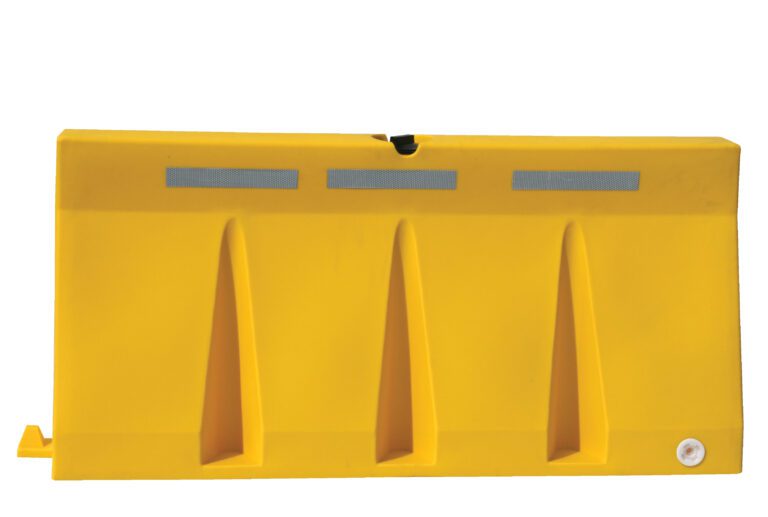 VTB-6-Y_A.jpg The Vestil Traffic Barriers 6 Ft Wide Yellow Strip features a vibrant design with three vertical supports, reflective strips on top, and a small circular component at the bottom right for added functionality.