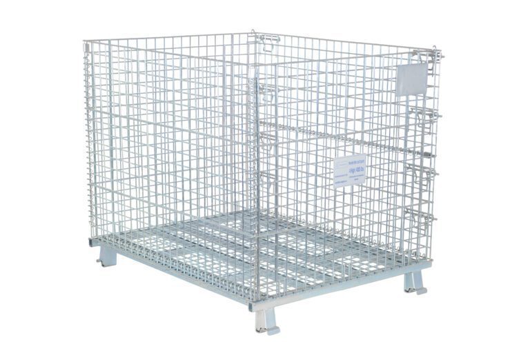 The Vestil Mesh Container 4K Cap 32 x 40 x 34 features a sturdy metal wire mesh with reinforced corners, stands elevated on four legs, and includes a label for easy identification.