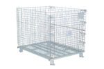 The Vestil Mesh Container 4K Cap 40 X 48 X 42 is a large metal, rectangular wire storage cage with an open top and grid pattern. Elevated on strong metal feet, its ideal for industrial or warehouse use and features a small label on one side.