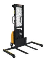 The Vestil Stacker DC Winch Adj showcases a yellow and black design with two wheels and extended fork arms, featuring a vertical frame with safety netting and hand-operated control for efficient lifting and stacking in warehouses or storage facilities.