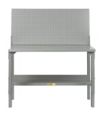 The Little Giant Welded Workbenches w/Backstops have a gray metal design with a sturdy tabletop and pegboard back for tool organization. Evenly spaced holes adorn the pegboard, and a small sign accents the lower shelf, offering both functionality and style.