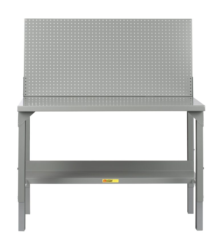 The Little Giant Welded Workbenches w/Backstops have a gray metal design with a sturdy tabletop and pegboard back for tool organization. Evenly spaced holes adorn the pegboard, and a small sign accents the lower shelf, offering both functionality and style.