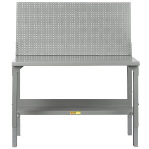 The Little Giant Welded Workbenches w/Backstops have a gray metal design with a sturdy tabletop and pegboard back for tool organization. Evenly spaced holes adorn the pegboard, and a small sign accents the lower shelf, offering both functionality and style.