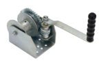 The Vestil Wall Mounted Hand Winch - Single features a black handle, silver metal gears, and a perforated base, making it ideal for lifting or pulling heavy loads. Its an essential tool commonly used in boating and trailer applications.