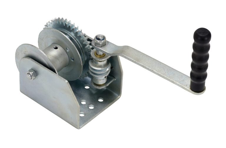 WALL-S_A.jpg The Vestil Wall Mounted Hand Winch - Single features a black handle, silver metal gears, and a perforated base, making it ideal for lifting or pulling heavy loads. Its an essential tool commonly used in boating and trailer applications.