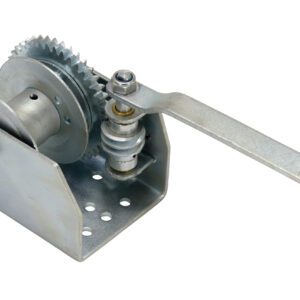 The Vestil Wall Mounted Hand Winch - Single features a black handle, silver metal gears, and a perforated base, making it ideal for lifting or pulling heavy loads. Its an essential tool commonly used in boating and trailer applications.