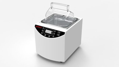 A vacuum packaging machine with a digital display and control panel is shown. It has a transparent lid and a modern design, primarily in white with black and red accents.