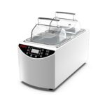 Dual-chamber sous vide cooker with transparent lids and a digital control panel. The appliance is designed for precision cooking, featuring a sleek, modern design with a stainless steel finish.