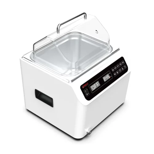 A white culinary vacuum sealer with a transparent lid and a digital display showing the status OFF and 245. It has control buttons on the front panel and cut-out handles on the sides.