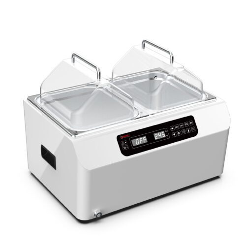 A white double-chamber laboratory water bath with transparent hinged lids. It features a digital control panel on the front displaying OFF and 24.5. The device has handles on the sides.