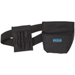 The MH-USA Warehouse Work Belt is a black utility belt with a blue BROGUN label, featuring a pouch and several small pockets for efficient organization of tools or accessories.