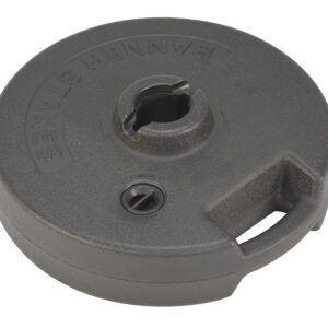 The Vestil Web Barrier Base includes a grey circular weight with an easy-grip handle and a central opening for poles. The word BANNER is embossed on its surface, offering both functionality and sleek design.