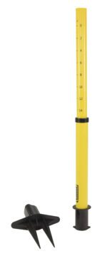 A yellow soil tester with a black scale indicator and separate black probe, akin to the Vestil Web Barrier Stake, measures soil penetration resistance from 0 to 14. It has three sharp prongs on the probe for easy ground insertion.