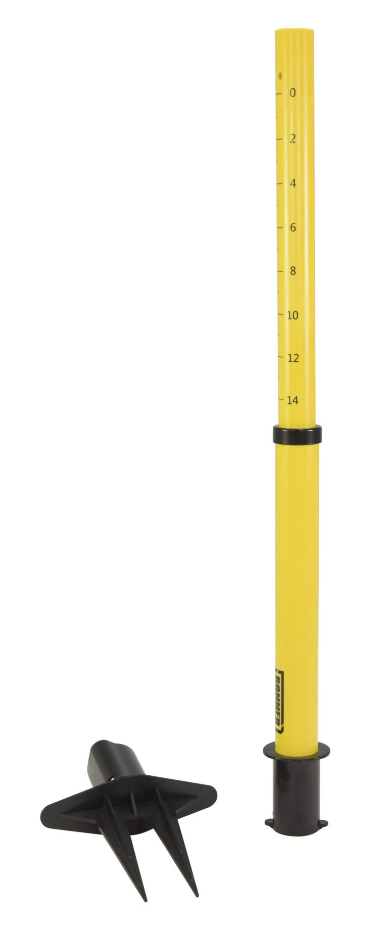 WBS-42_A.jpg A yellow soil tester with a black scale indicator and separate black probe, akin to the Vestil Web Barrier Stake, measures soil penetration resistance from 0 to 14. It has three sharp prongs on the probe for easy ground insertion.