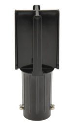 The Vestil Web Barrier Head Receiver is a black, cylindrical device featuring a flat rectangular top and vertical ridges on its body. It has metal connectors near the base and an extended top section, forming a T-shaped silhouette.