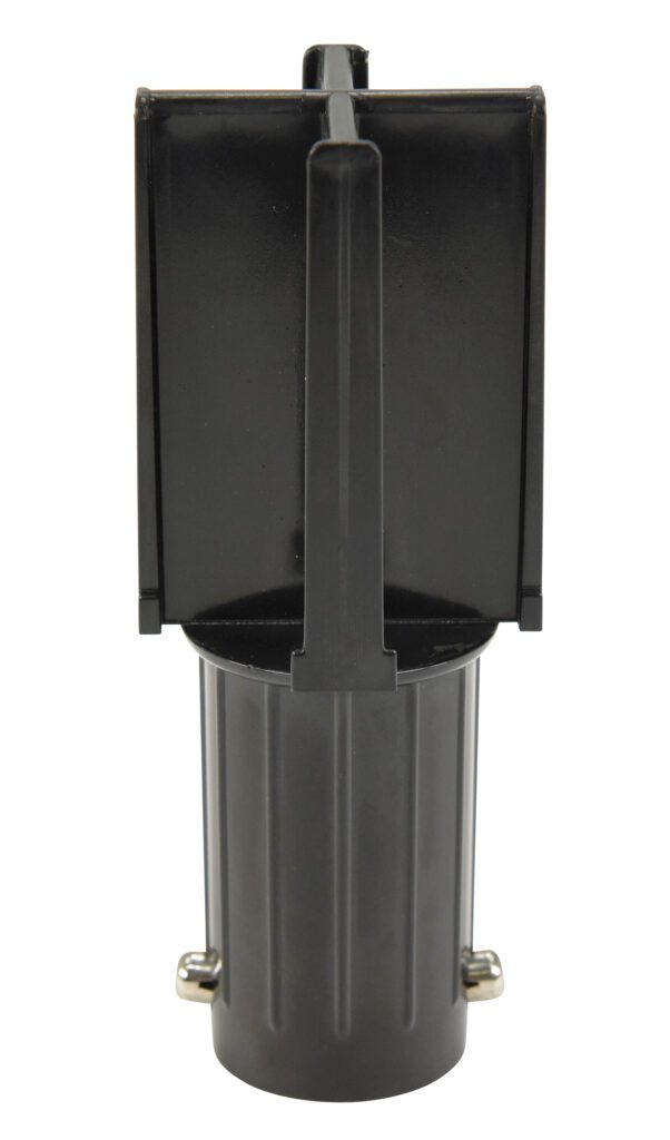 The Vestil Web Barrier Head Receiver is a black, cylindrical device featuring a flat rectangular top and vertical ridges on its body. It has metal connectors near the base and an extended top section, forming a T-shaped silhouette.