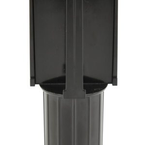 The Vestil Web Barrier Head Receiver is a black, cylindrical device featuring a flat rectangular top and vertical ridges on its body. It has metal connectors near the base and an extended top section, forming a T-shaped silhouette.