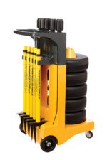 The Vestil Web Barrier Cart Package includes a yellow mobile cart with black wheels, five yellow banner stakes with bold black lettering, stacked black weights, and a top handle for easy movement.