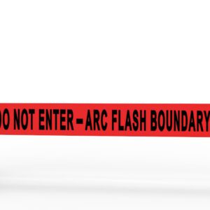 A red Vestil Web Barrier Retractable Arc Flash Banner is stretched between two posts, featuring bold black DO NOT ENTER - ARC FLASH BOUNDARY text on a crisp white background.