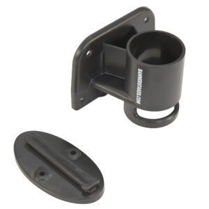 A black, wall-mounted plastic mop holder with a cylindrical grip and oval mounting plate is similar to the Vestil Web Barrier Wall Mount Kit, which securely holds broom or mop handles to maintain a tidy and organized space.