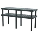 The Vestil Grid Work Bench Table 24 x 66 inches is a black, two-tiered plastic bench with a grid pattern. Supported by four sturdy legs, its ideal for versatile indoor or outdoor use, including storage, seating, or display.
