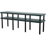 The Vestil Grid Work Bench Table 24 x 96 In is a sleek black two-tiered plastic shelving unit with a grid design on both shelves, supported by sturdy legs, offering ample storage space.