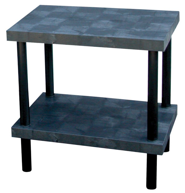 WBT-S-3624_A.jpg A compact, two-tiered black table reminiscent of the Vestil Solid Work Bench Table 24 X 36 In features rectangular shelves and cylindrical legs with flat, parallel top and bottom shelves supported by four sturdy round legs at the corners.