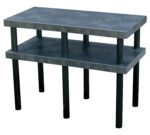 A compact two-tier black table, akin to the Vestil Solid Work Bench Table 24 X 48 In, features a rectangular design with eight cylindrical legs. The top tier is slightly offset with shorter legs above and longer ones below for enhanced stability.