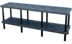 A long Vestil Solid Work Bench Table (24 X 96 inches) with a gray, textured surface. This industrial-style, two-tier bench has sturdy black metal legs and offers a simple, functional design.