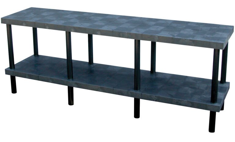 A long Vestil Solid Work Bench Table (24 X 96 inches) with a gray, textured surface. This industrial-style, two-tier bench has sturdy black metal legs and offers a simple, functional design.