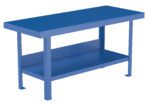 The Vestil Heavy Duty Work Bench is a durable blue metal unit with a flat top and lower shelf. Its rectangular design and four strong legs make it essential for any workspace.