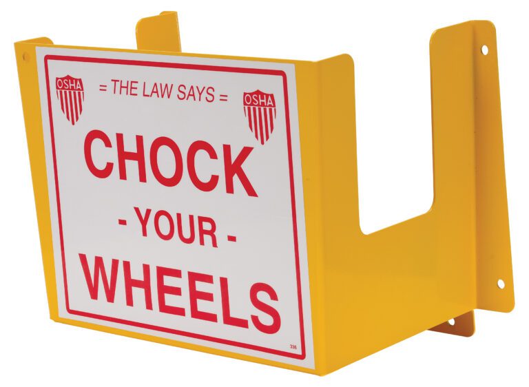 WC-H-R_A.jpg The Vestil Wheel Chock Holder is yellow, wall-mountable, and features a white and red sign with the OSHA logo that states The Law Says Chock Your Wheels, with side spaces for easy installation.