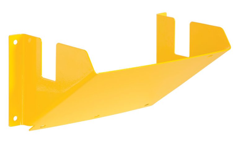 This yellow metal wall bracket, similar to the Vestil Wheel Chock Holder, is ideal for supporting or displaying items. It has two mounting holes for secure wall installation, an angled open design, and a smooth glossy finish that adds sleekness to any space.
