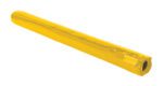 A shiny yellow, cylindrical object resembling the Vestil Welding Curtain Roll 14Milye Transparent features a small label on one end and a black opening at the other, suggesting construction or industrial use.