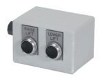The Vestil Wash Down Power & Control Pack-2 Button includes a gray rectangular control box with two large black buttons: RAISE LIFT on the left and LOWER LIFT on the right, plus a convenient knob on the left side.