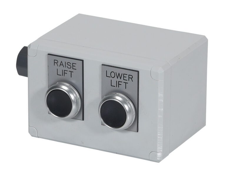 The Vestil Wash Down Power & Control Pack-2 Button includes a gray rectangular control box with two large black buttons: RAISE LIFT on the left and LOWER LIFT on the right, plus a convenient knob on the left side.