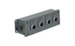 The Vestil Wash Down Power & Control Pack-4 Button control panel includes four black buttons labeled RAISE LIFT, LOWER LIFT, RAISE TILT, and LOWER TILT. It comes with a side-mounted bracket and a left cable connector.