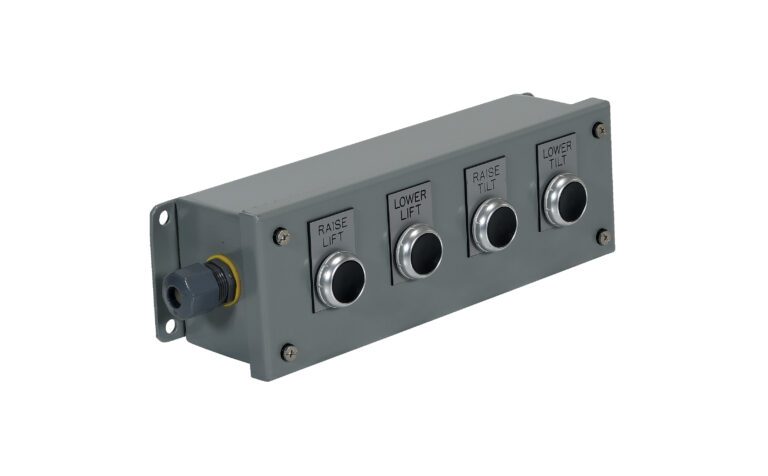 The Vestil Wash Down Power & Control Pack-4 Button control panel includes four black buttons labeled RAISE LIFT, LOWER LIFT, RAISE TILT, and LOWER TILT. It comes with a side-mounted bracket and a left cable connector.