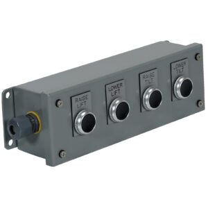 The Vestil Wash Down Power & Control Pack-4 Button control panel includes four black buttons labeled RAISE LIFT, LOWER LIFT, RAISE TILT, and LOWER TILT. It comes with a side-mounted bracket and a left cable connector.