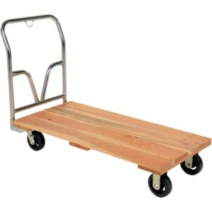 The MH-USA 24 x 48 Wood Platform Truck has a wooden base, metal handle, and four black wheels, making it ideal for easily transporting heavy items with its durable frame.