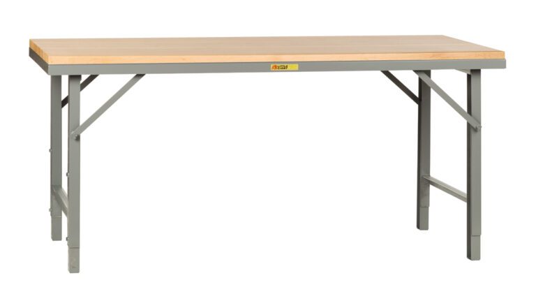The Little Giant Folding Leg Welded Workbench features an adjustable height, rectangular wooden top, and sturdy metal legs. Positioned against a white background, it highlights its simple and functional design.